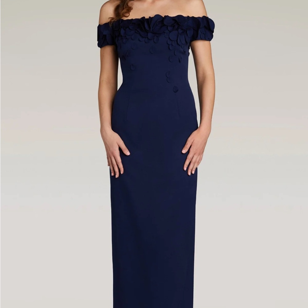 Blue Ruffled Off-Shoulder Gown for Wedding Guest